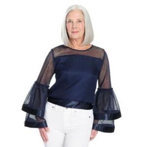 NWT - Midnight Blue Mesh Detail Long Double Tiered Bell Sleeve Top - Size Large